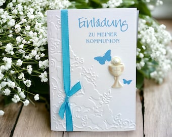 Einladung Einladungskarte Kommunion Konfirmation Schmetterling Kelch blau türkis