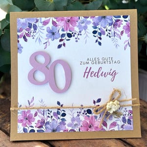 Glückwunschkarte Glückwunsch Karte runder Geburtstag, personalisierbar mit Zahl und Name 30 40 50 60 70 75 80 85 90 100 lila flieder