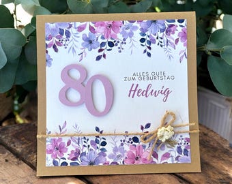 Glückwunschkarte Glückwunsch Karte runder Geburtstag, personalisierbar mit Zahl und Name 30 40 50 60 70 75 80 85 90 100 lila flieder