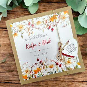Glückwunschkarte Glückwunsch Karte Geldgeschenk Hochzeit Vermählung Verpartnerung Blumen Blumenwiese Wildblumen rot orange