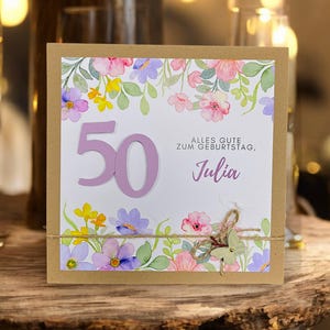 Glückwunschkarte Glückwunsch Karte runder Geburtstag, personalisierbar mit Zahl und Name 30 40 50 60 70 75 80 85 90 100 Frühling flieder