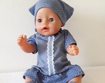 Doll set 3 pieces, dress, size 40 to 43 cm, headscarf, stockings, doll dress, dress