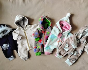 Hand-sewn fleece doll snowsuits, winter clothes for dolls 30 to 50 cm, handmade doll clothes, snowsuits