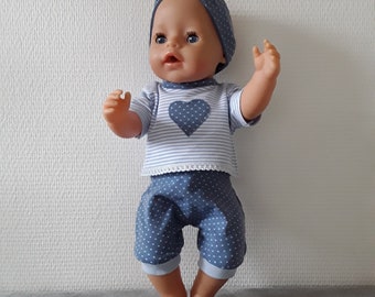 Doll set 3 pieces, size 40 to 43 cm, doll pants, doll shirt, headband, trousers, shirt, cap