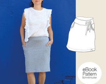 May include: A woman wearing a white blouse and a grey skirt stands in front of a blue wall. A line drawing of a skirt with a drawstring waist is shown on the right side of the image. The text "eBook Pattern Schnittmuster" is at the bottom of the image.