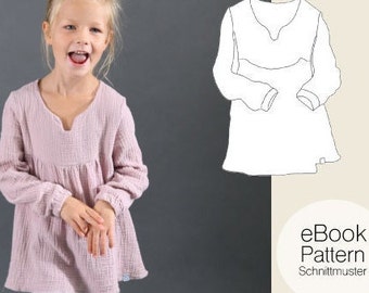 May include: A pink, long-sleeved, loose-fitting shirt with a V-neck and a gathered waist. The shirt is made of a soft, textured fabric. The image also includes a line drawing of the shirt.