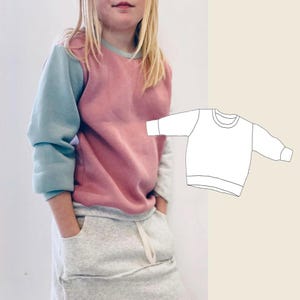 Könnte beinhalten: Ein rosa-blaues Colorblock-Sweatshirt mit langen Ärmeln. Das Sweatshirt hat einen Rundhalsausschnitt und eine lockere Passform. Rechts ist eine Strichzeichnung des Sweatshirts zu sehen.