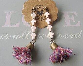 Earrings - stud earrings - tassel earrings - synthetic howlite - crosses - tassels - bronze - offwhite - colorful