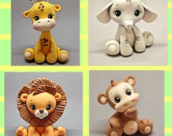 Fondant figures, cake decoration, lion, elephant and giraffe, monkey