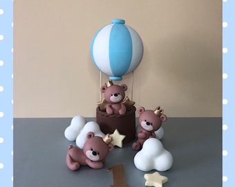 Figurines en fondant, décoration de gâteau ours avec montgolfière