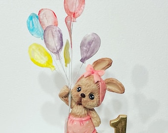 Figurines fondantes, gâteau décoration lapin avec ballon