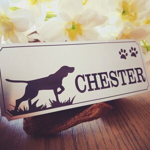 Könnte beinhalten: Silbernes Metall-Hundeanhänger mit einer schwarzen Silhouette eines laufenden Hundes, dem Namen "CHESTER" in schwarzer Schrift und zwei Pfotenabdrücken.