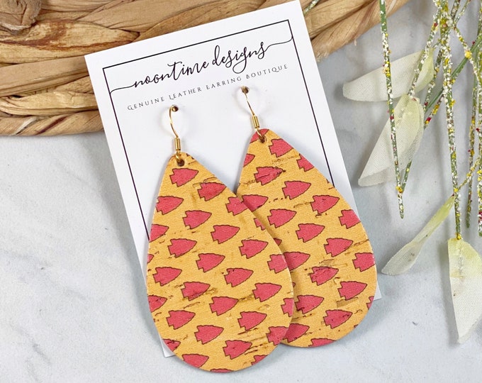 KC Chiefs Arrowhead Cork Leather Earrings, Genuine Leather Earrings, Real Leather Earrings, Teardrop Earrings, Mahomes, Kansas City Earrings
