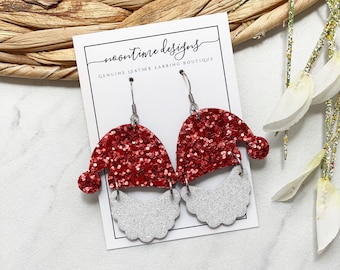 Glitter Santa Beard Leather Earring, Santa Claus, Santa Hat Christmas Earring, Genuine Leather Earring, Xmas Earring, Real Leather Earring