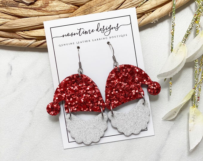 Glitter Santa Beard Leather Earring, Santa Claus, Santa Hat Christmas Earring, Genuine Leather Earring, Xmas Earring, Real Leather Earring