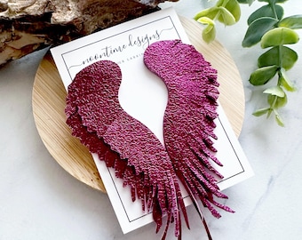Fuchsia Pink Metallic Angel Wing Multi-Layer Genuine Leather Earrings, Genuine Leather Earring, Real Leather Earring, Feather Earring, Gift