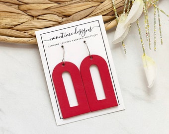 Deep Coral Pink Arched Windowpane Leather Earrings, Genuine Leather Earrings, Real Leather Earrings, Summer Earrings, Bright Earrings