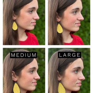 May include: Four images displaying yellow teardrop earrings in various sizes: mini, small, medium, and large. Each image shows a woman wearing a red jumper and the earrings. The earrings have a textured, woven pattern. The brand name "NOONTIME DESIGNS" is at the bottom.