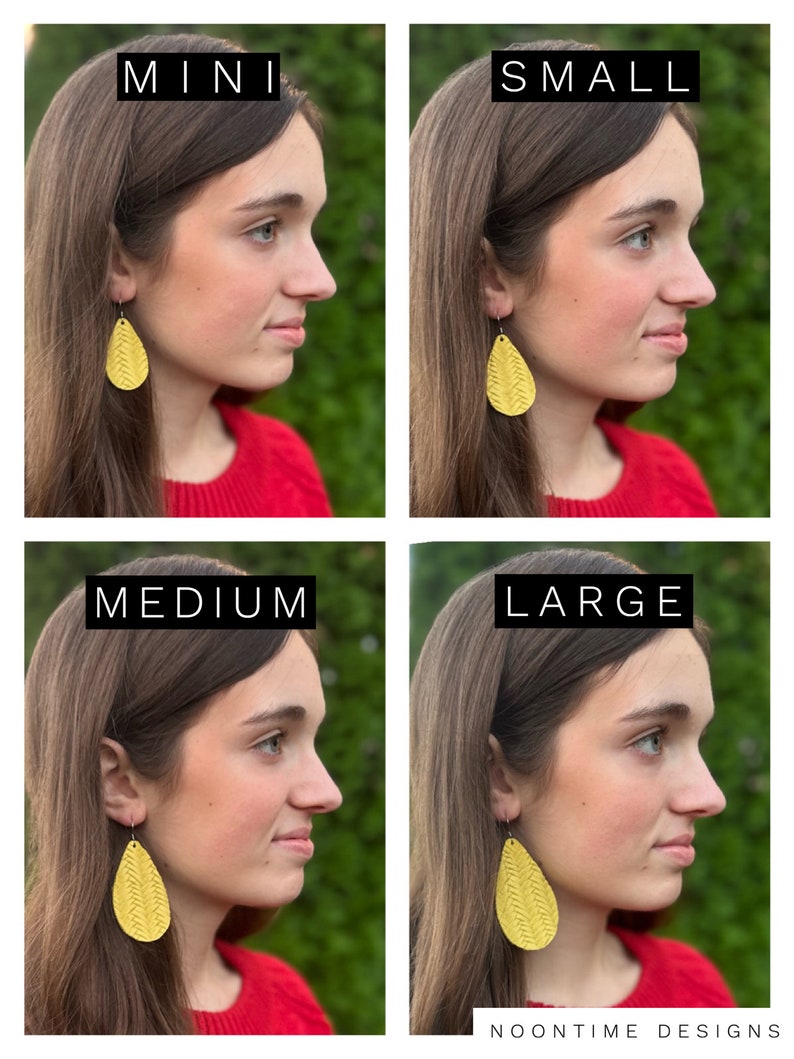 May include: Four images displaying yellow teardrop earrings in various sizes: mini, small, medium, and large. Each image shows a woman wearing a red jumper and the earrings. The earrings have a textured, woven pattern. The brand name "NOONTIME DESIGNS" is at the bottom.