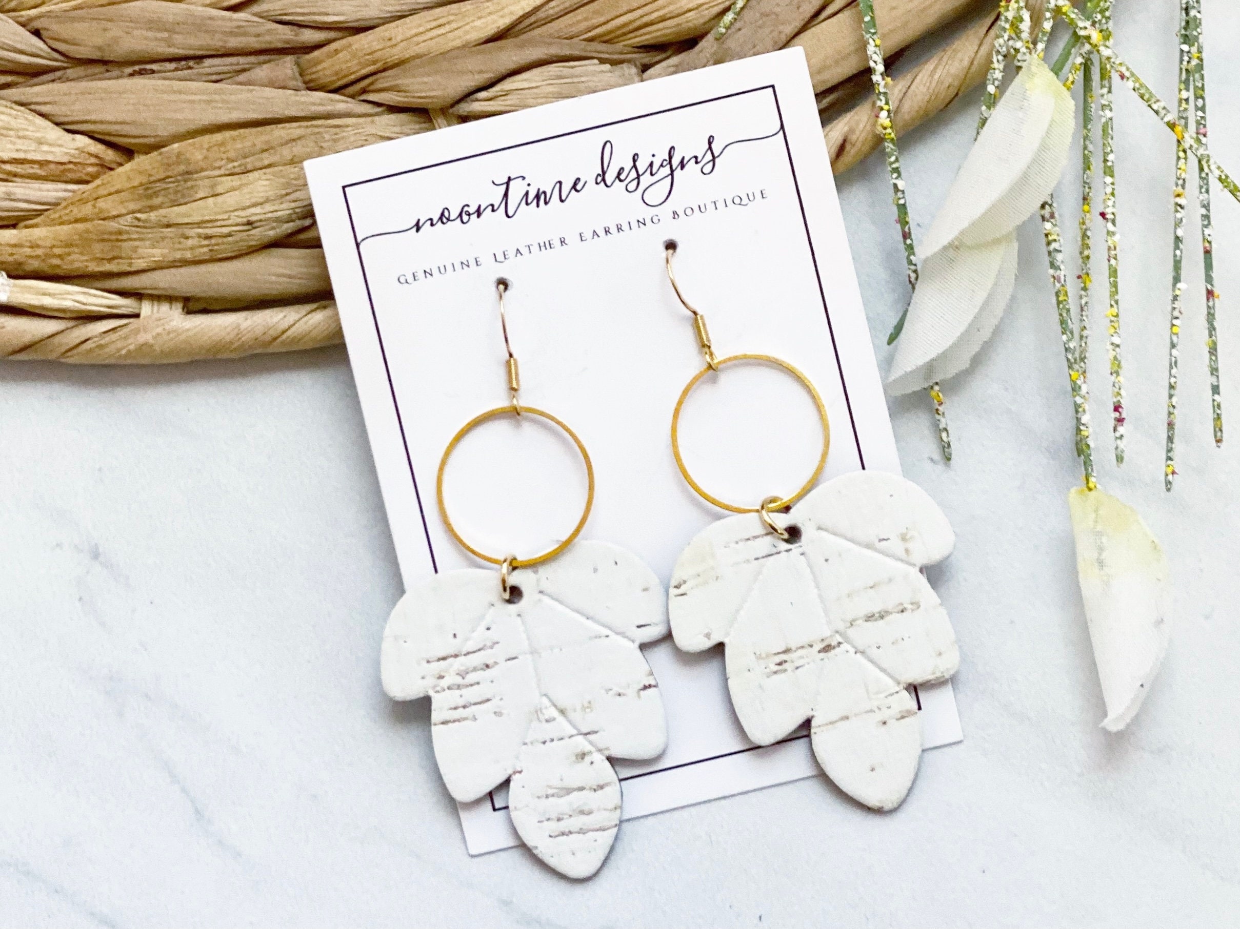 Embossed White Cork Leather Leaf Hoop Earrings Hoop Leather