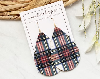 5.00 TEARDROP EARRING SALE! White Tartan Plaid Cork on Genuine Leather Earrings, Trendy Earrings, Plaid Earrings
