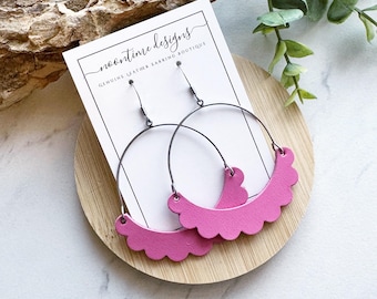 Pink Leather Scallop Arch Hoops, Genuine Leather Earrings, Real Leather Earrings, Trendy Leather Earrings, Pink Leather Earrings, Gift