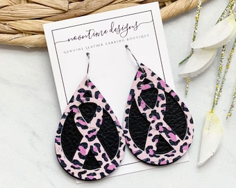 Breast Cancer Awareness Genuine Leather Earrings, Leather Teardrop Earrings, Real Leather Earring, Awareness Ribbon Earring, Go Pink Leopard