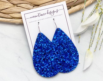 Royal Blue Glitter Genuine Leather Earrings, Genuine Leather Earrings, Real Leather Earring, Glitter Earrings, Sparkle Earring, Blue Earring