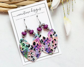 Beaded Floral Leopard Genuine Leather Earrings, Fringe Genuine Leather Earrings, Real Leather Earrings, Purple Earrings