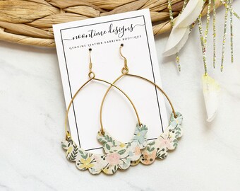 Floral Cork Leather Scallop Arch Hoops, Genuine Leather Earrings, Real Leather Earrings, Trendy Leather Earrings, Flower Leather Earrings