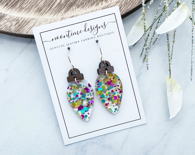 Glitter Acrylic Christmas Lights, Holiday Earrings, Acrylic Earrings, Xmas Earrings, Pastel Glitter Christmas Tree, Xmas Light Earrings