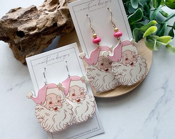 5.00 ARYLIC EARRING SALE!  Pink Vintage Santa Acrylic Earrings, Christmas Earrings, Holiday Earrings, Acrylic Earrings, Xmas Earrings