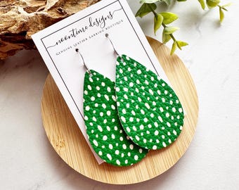 5.00 TEARDROP  EARRING SALE! Green & White Spotted Leather Earrings, Genuine Leather Earrings, Teardrop Earrings