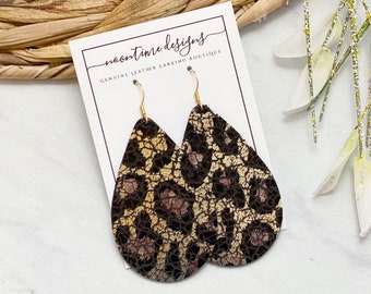 Gold Crackle Leopard / Cheetah Leather Earrings, Genuine Leather Earrings, Real Leather, Leather Teardrop Earrings