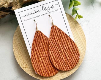 5.00 TEARDROP EARRING SALE! Pumpkin Orange Textured Genuine Leather Earrings, Leather Teardrop Earrings