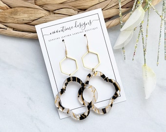 5.00 ACRYLIC EARRING SALE!  Acrylic Quatrefoil Earrings  //  Black, White, Gold Earrings  //   Neutral Leather Earrings