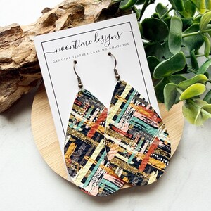 5.00 TEARDROP EARRING SALE! Multicolor Crosshatch Pattern Genuine Leather Earrings, Fall Earrings, Winter Earrings