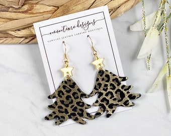 Gold Leopard Christmas Tree Earrings, Holiday Genuine Leather Earrings, Leather Christmas Earrings, Glitter Earrings, Real Leather Earrings