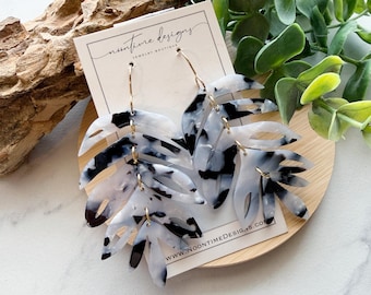 5.00 ACRYLIC EARRING SALE!  Black & White Acrylic Leaf Earrings, Dangle Earrings, Layered Earrings, Earthy, Fall Style