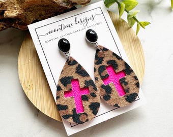 DOUBLE LAYER Christian Genuine Leather Teardrop Earrings, Real Leather Earrings, Leather Cross Earrings, Leopard Cross Earring, Pink Earring