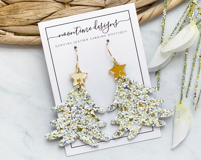 Gold & White Glittered Christmas Tree Earrings, Holiday Genuine Leather Earrings, Leather Christmas Earrings, Glitter Earrings, Real Leather