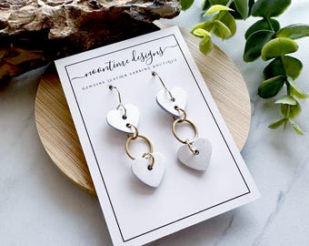 Mini Leather Heart Dangle Earrings, Heart Earrings, Genuine Leather Earrings, White Leather Earrings, Valentine's Day, Gift For Her