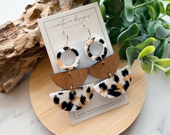5.00 ACRYLIC EARRING SALE!  Half Circle Dangle Earrings, Cheetah Earrings, Leopard Earrings, Wood Earrings, Gift For Her