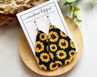 5.00 TEARDROP EARRING SALE! Black Sunflower Leather Earrings, Genuine Leather Earrings, Leather Teardrop Earrings, Kansas Earrings
