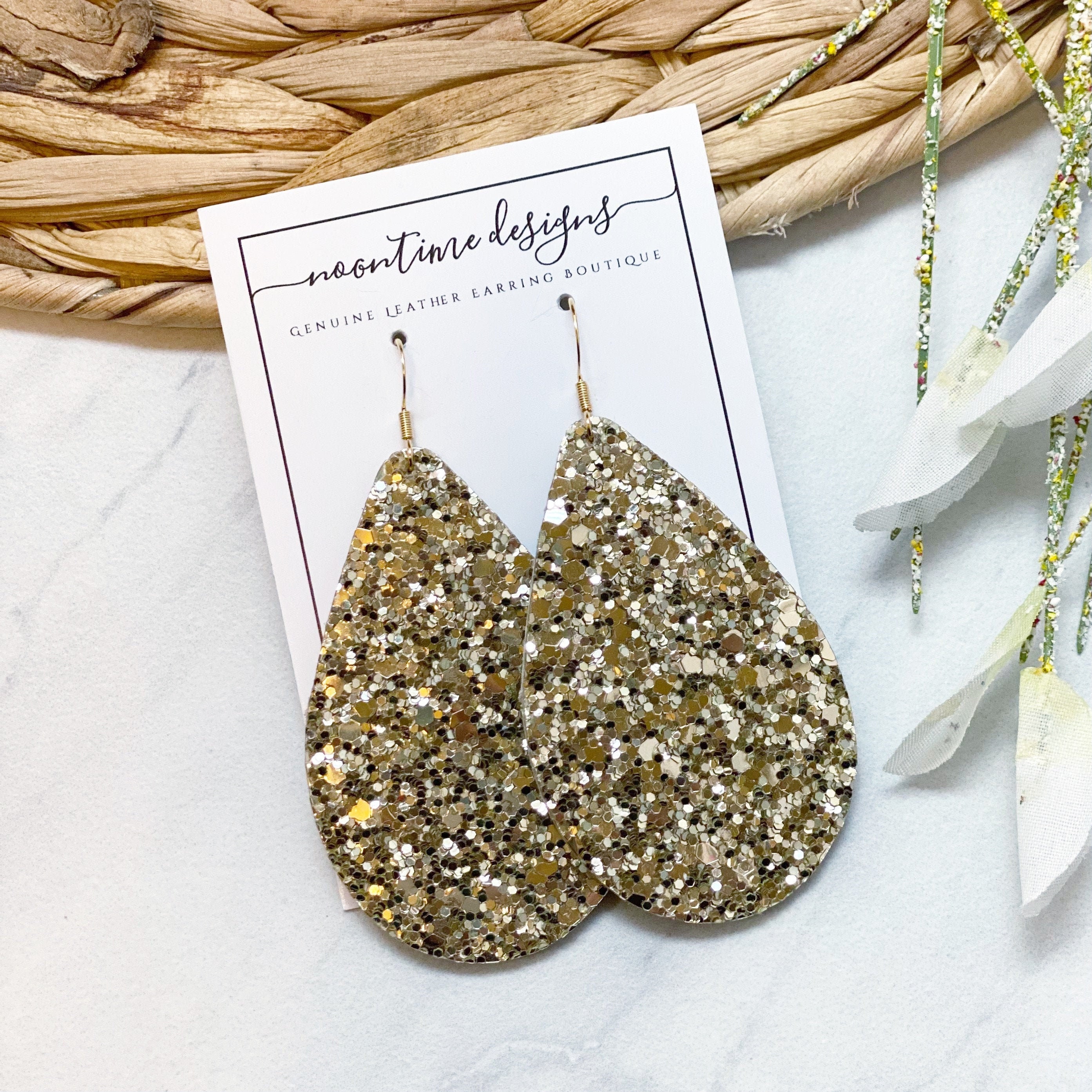 Gold Glitter Teardrop Earrings Genuine Leather Earrings Leather