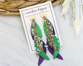 Mardi Gras Glitter Feather Earrings, Real Leather Earrings, Fringe Earring, Genuine Leather Earring, Mardi Gras Earrings, New Orleans