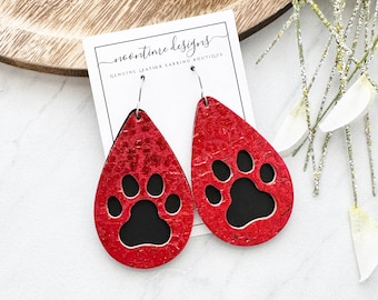 DOUBLE LAYER Cork/Leather Paw Print Earrings, Red & Black Leather Paw Earrings, Leather Teardrop Earrings, Real Leather Earrings, Bulldog
