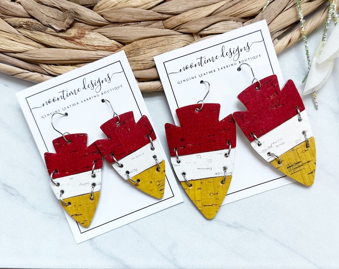 Chiefs Split Arrowhead Cork Leather Earrings, Genuine Leather Earrings, Real Leather Earrings, NFL Earrings, Mahomes, Kansas City KC