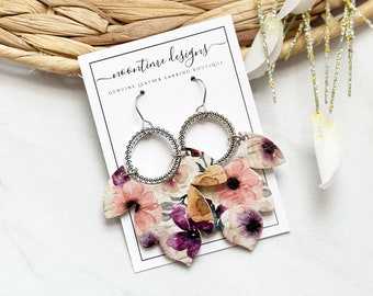 Elegant Floral Cork Leather Leaf Hoop Earrings, Hoop Leather Earrings, Genuine Leather Earrings, Real Leather Earrings, Fall Earrings