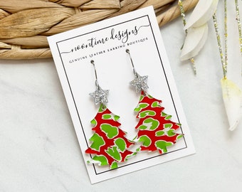 Leopard Acrylic Earrings, Christmas Earrings, Tree Earrings, Holiday Earrings, Acrylic Earrings, Xmas Earrings, Red & Green Leopard